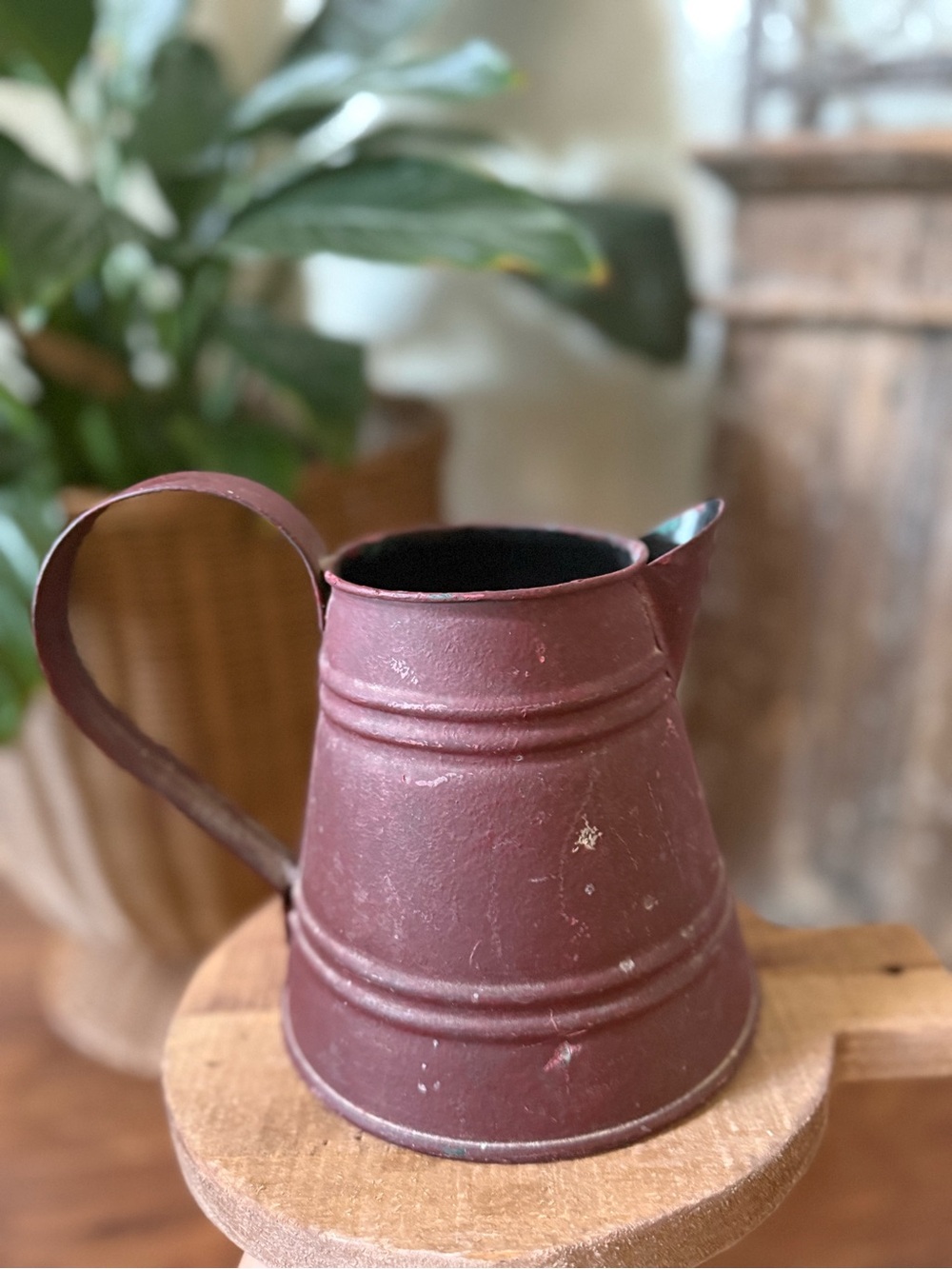Distressed Burgundy Metal Pitcher Featuring Horizontal Ridged Accent Bands 6”